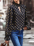 Cutout Printed Mock Neck Flounce Sleeve Blouse - Trendsi