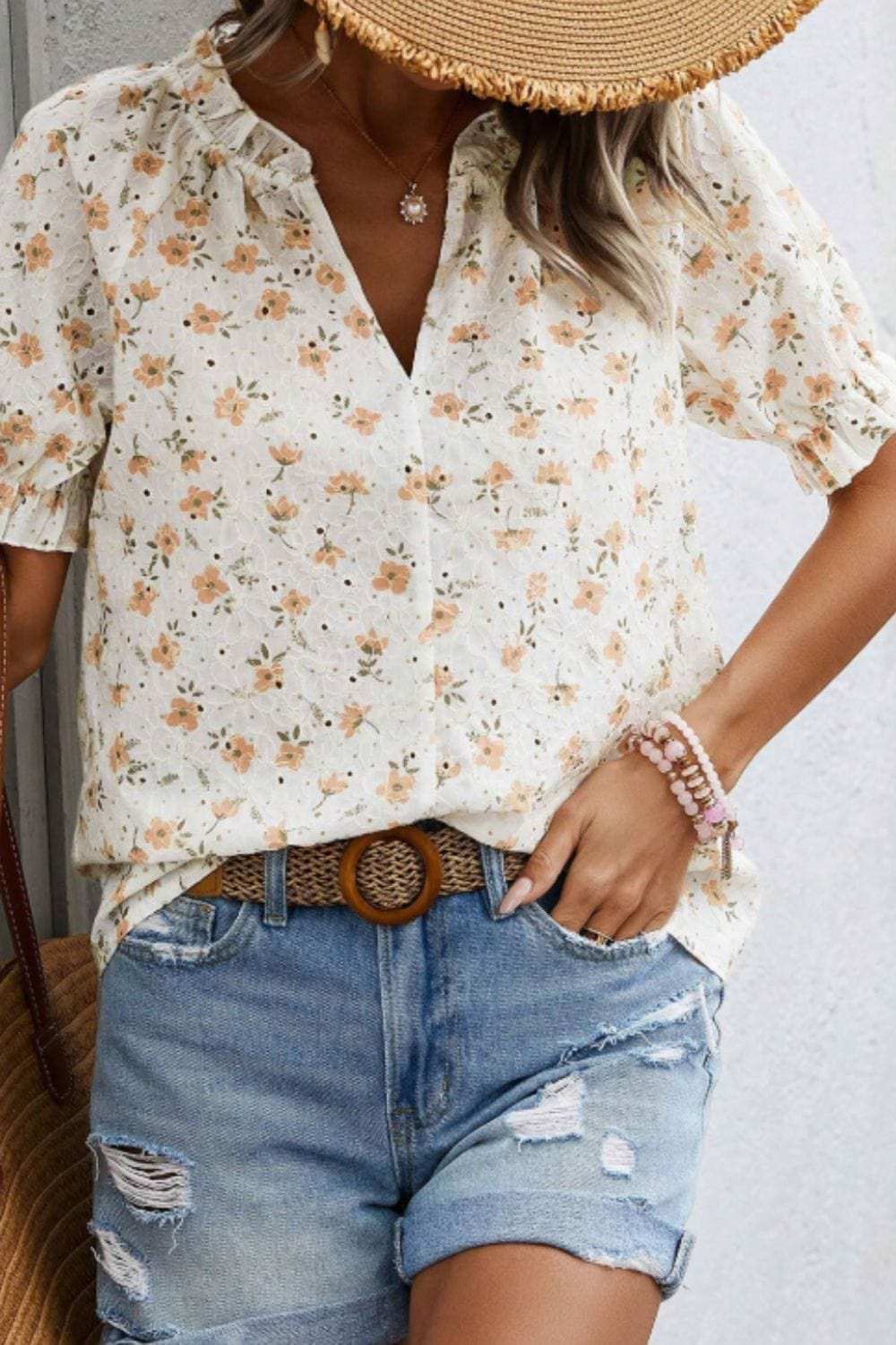 Frill Printed Notched Short Sleeve Blouse - Trendsi - Flyclothing LLC