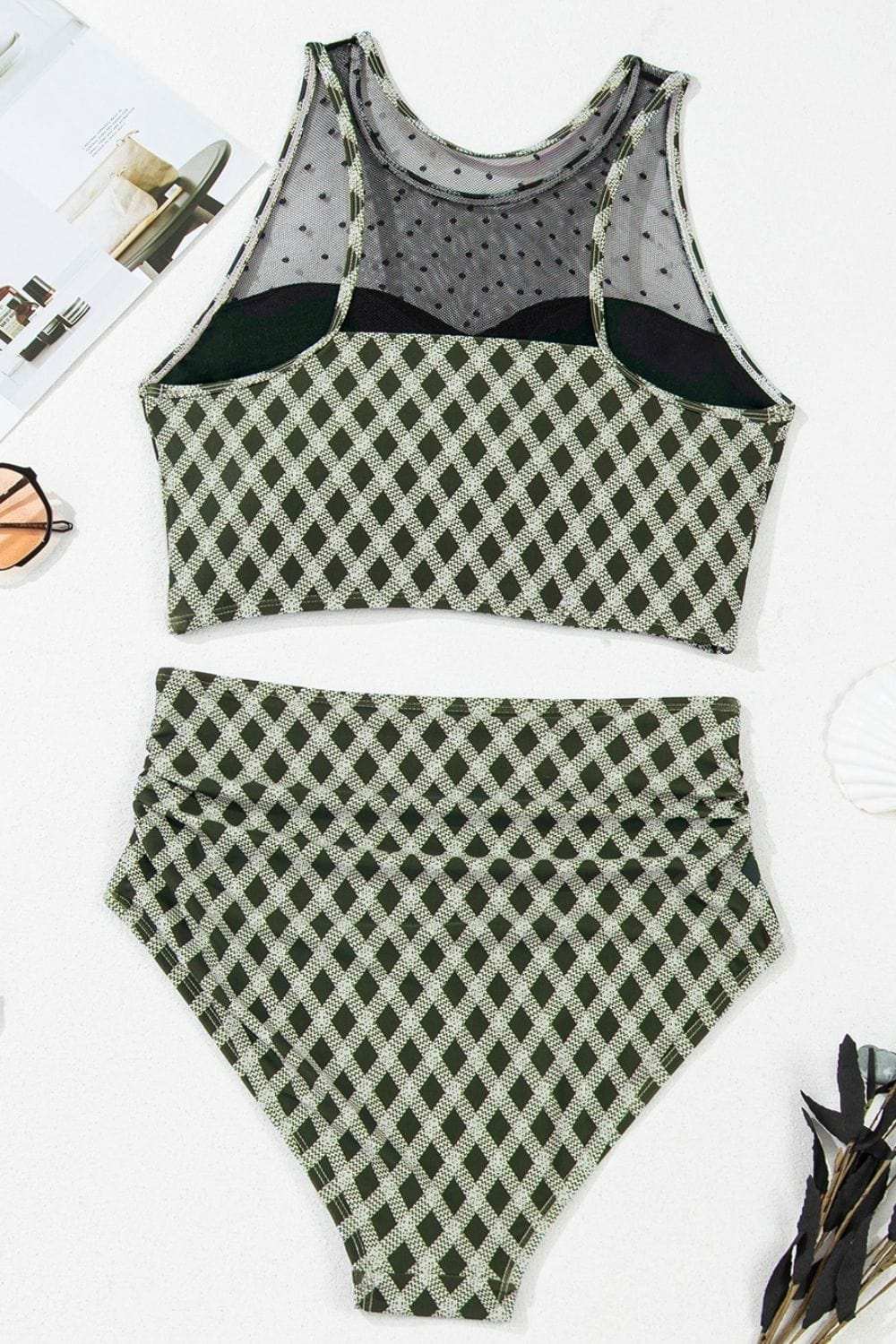 Dotted Mesh Plaid Patchwork High Waisted Swim Set - Trendsi - Flyclothing LLC