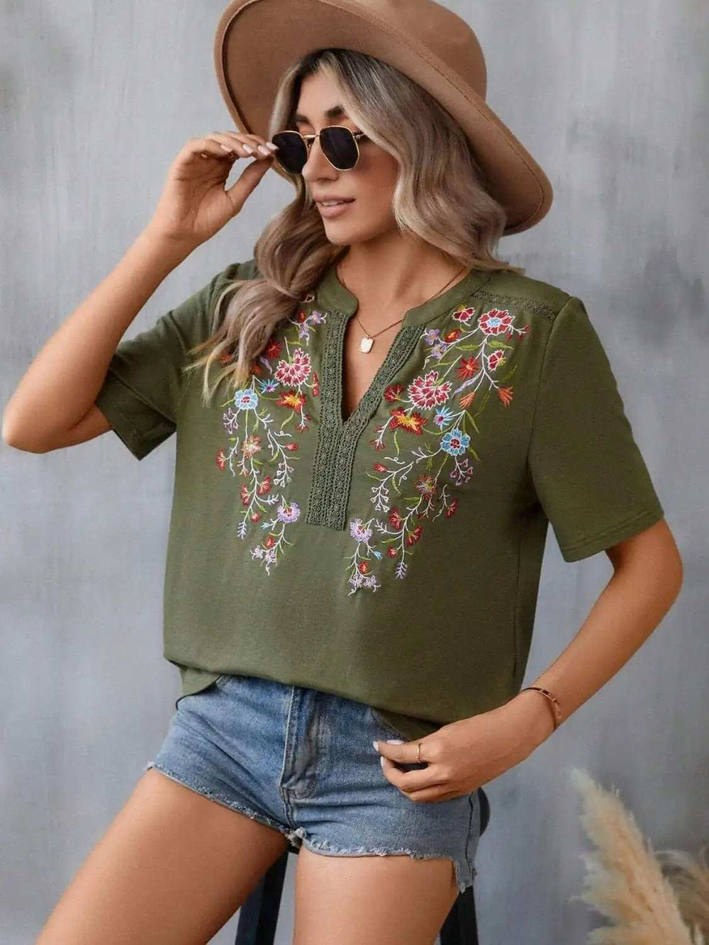 Embroidered Notched Short Sleeve T-Shirt - Trendsi - Flyclothing LLC