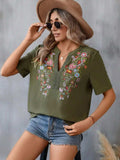 Embroidered Notched Short Sleeve T-Shirt - Trendsi - Flyclothing LLC