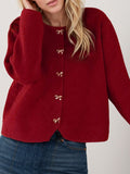 Bow Button Down Round Neck Long Sleeve Cardigan - Trendsi