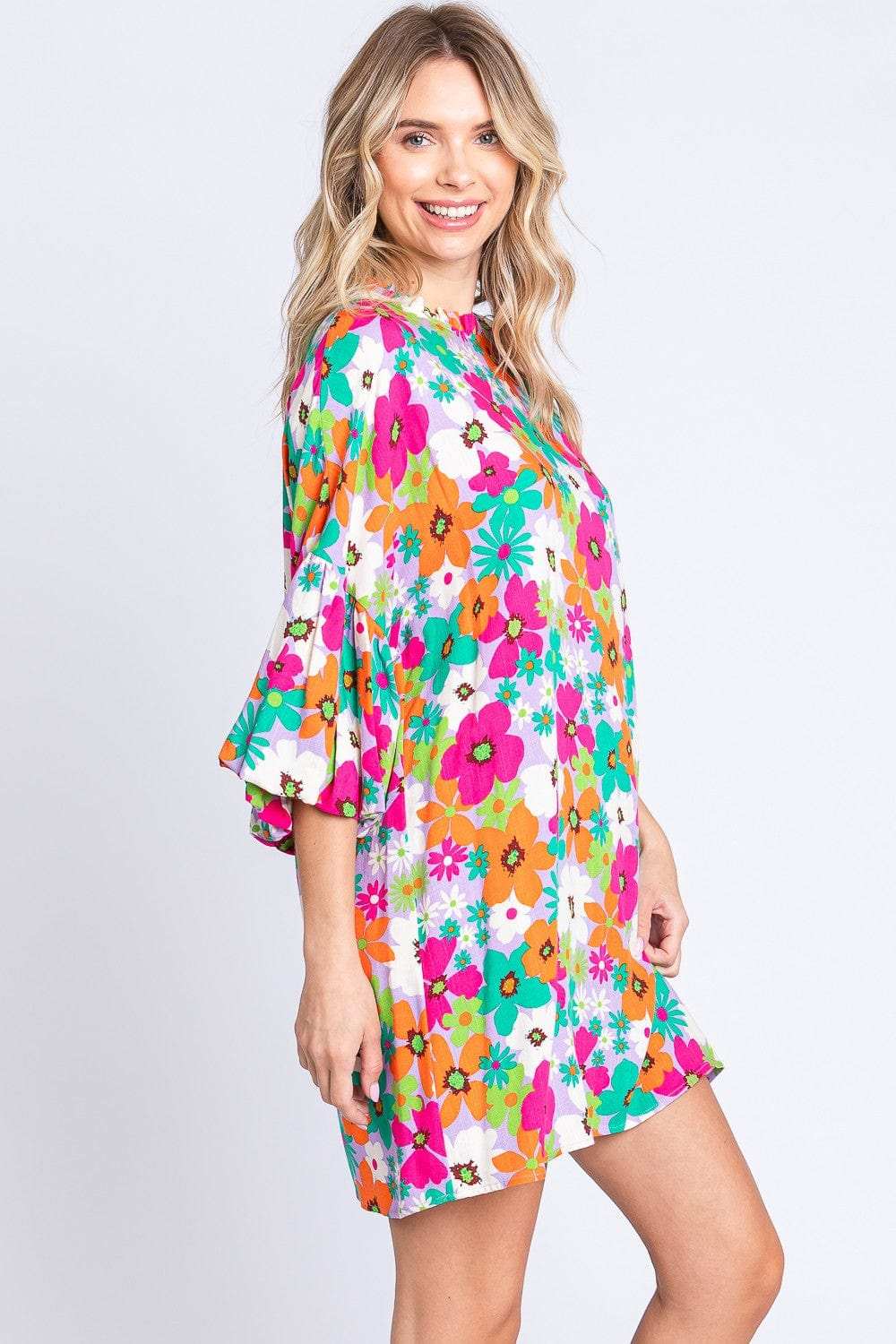 GeeGee Full Size Floral Round Neck Lantern Sleeve Mini Dress - Trendsi - Flyclothing LLC