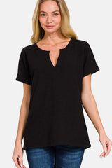Zenana Notched Short Sleeve Waffle T-Shirt - Trendsi - Flyclothing LLC