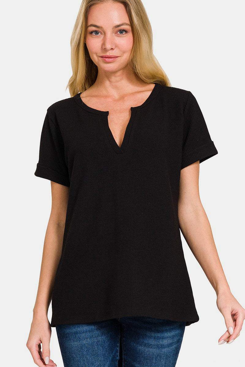 Zenana Notched Short Sleeve Waffle T-Shirt - Trendsi - Flyclothing LLC