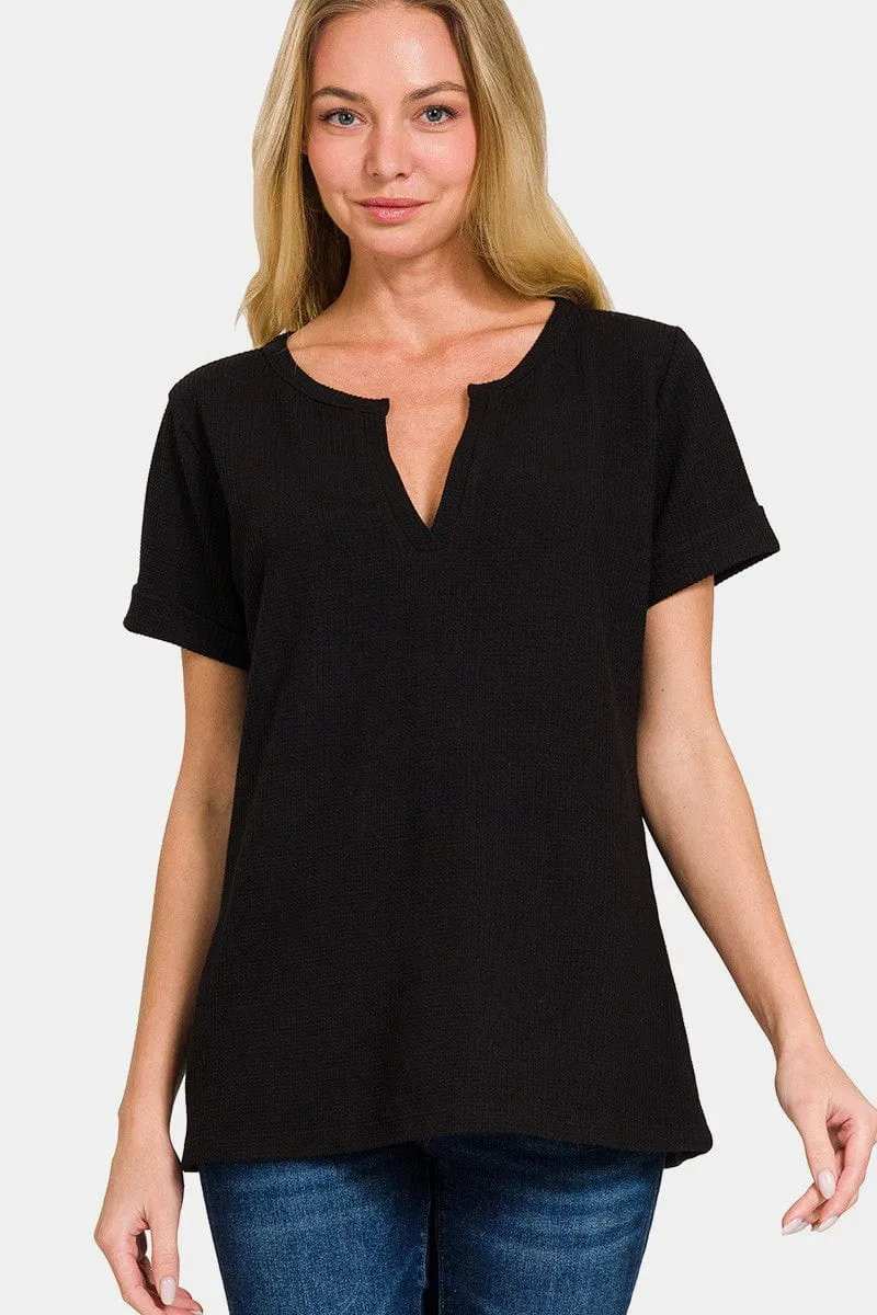 Zenana Notched Short Sleeve Waffle T-Shirt - Trendsi - Flyclothing LLC