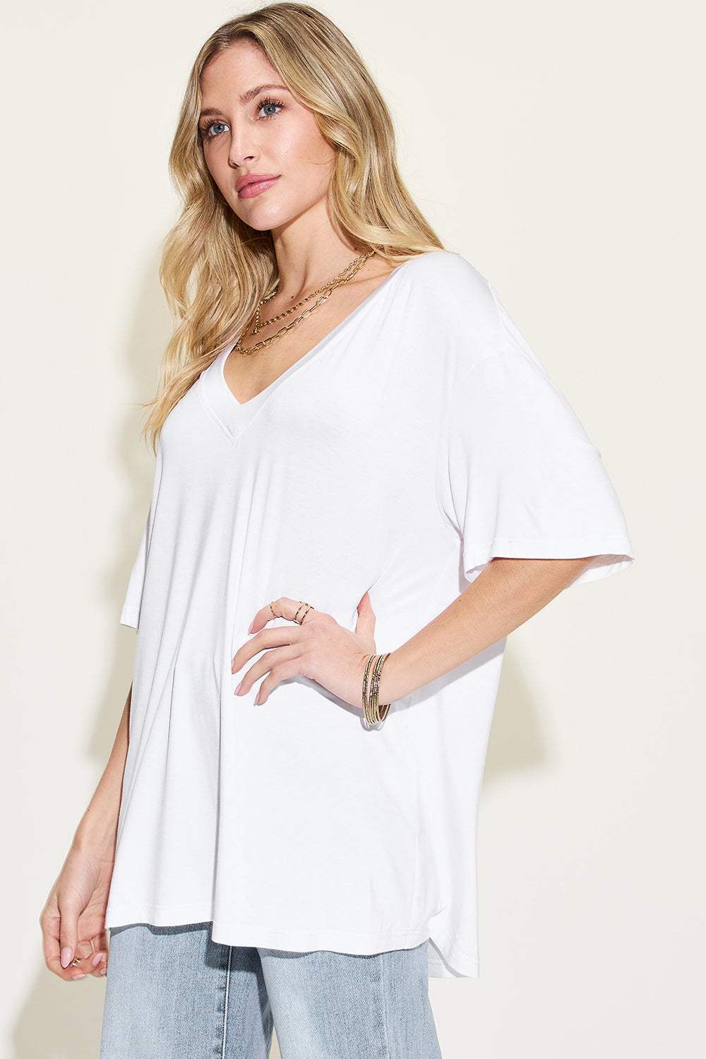 Basic Bae Full Size Bamboo V-Neck Drop Shoulder T-Shirt - Trendsi - Flyclothing LLC