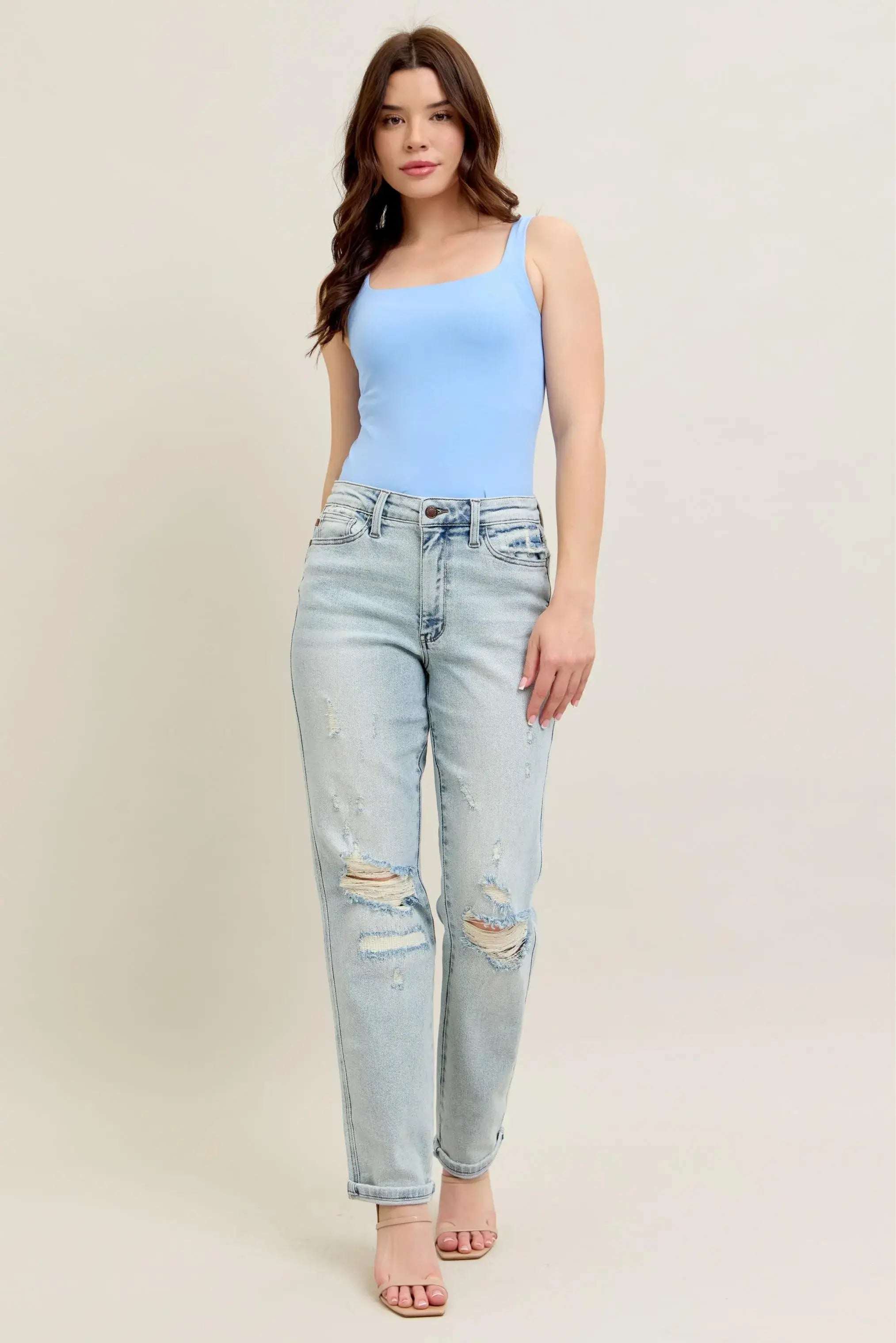 Judy Blue Full Size Mr Repair Stitch Detail Destroy Single Cuff Bf Jeans Plus Size - Trendsi - Flyclothing LLC