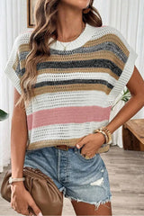 Stripe Color Block Eyelet Knit Short Sleeve Knit Top - Trendsi - Flyclothing LLC
