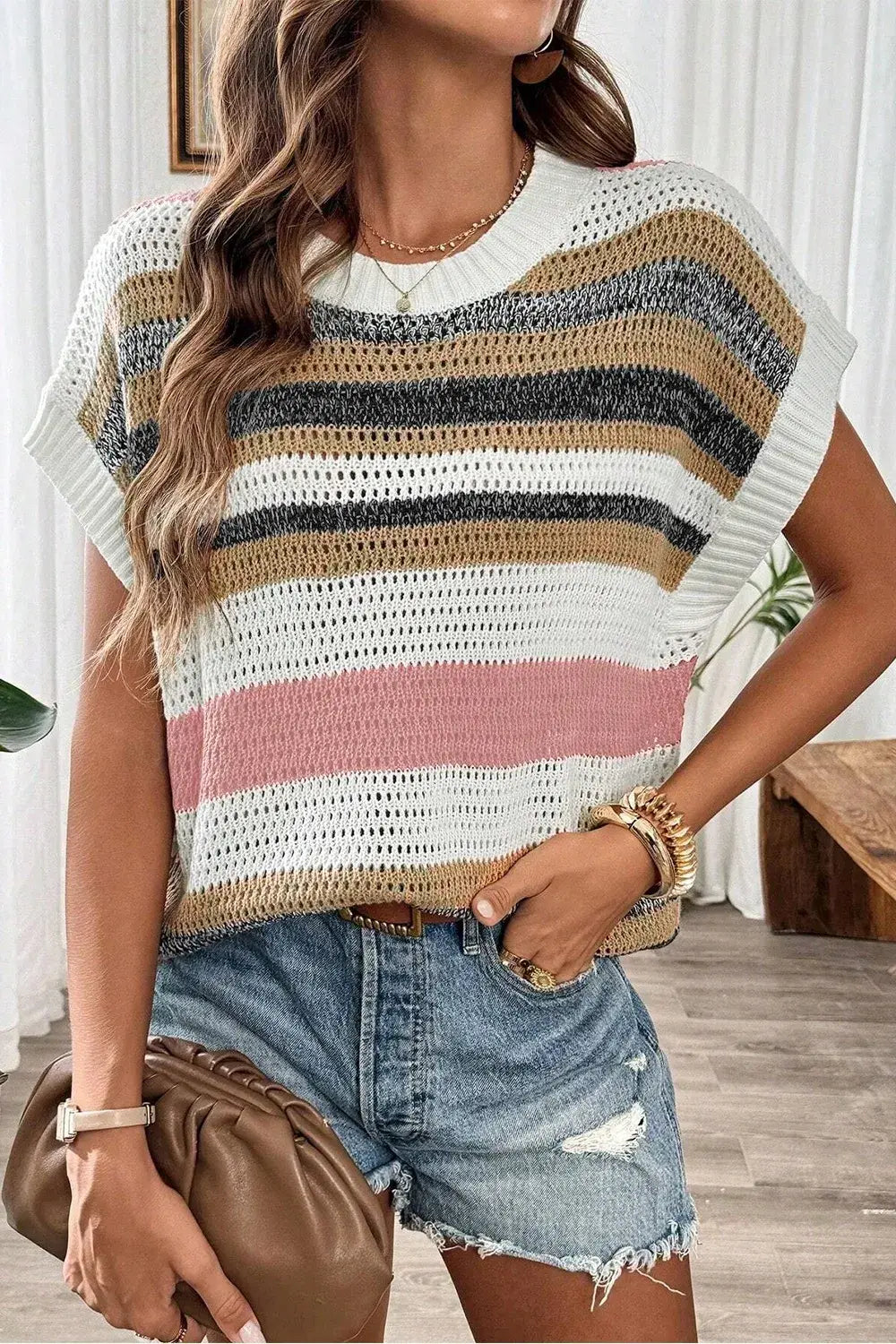 Stripe Color Block Eyelet Knit Short Sleeve Knit Top - Trendsi - Flyclothing LLC