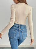 Perfee Decorative Button Round Neck Long Sleeve Bodysuit - Trendsi