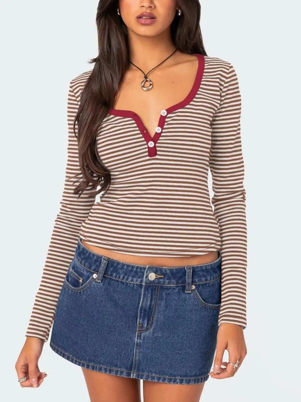 Buttoned Striped Long Sleeve T-Shirt - Trendsi - Flyclothing LLC
