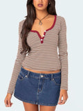 Buttoned Striped Long Sleeve T-Shirt - Trendsi - Flyclothing LLC
