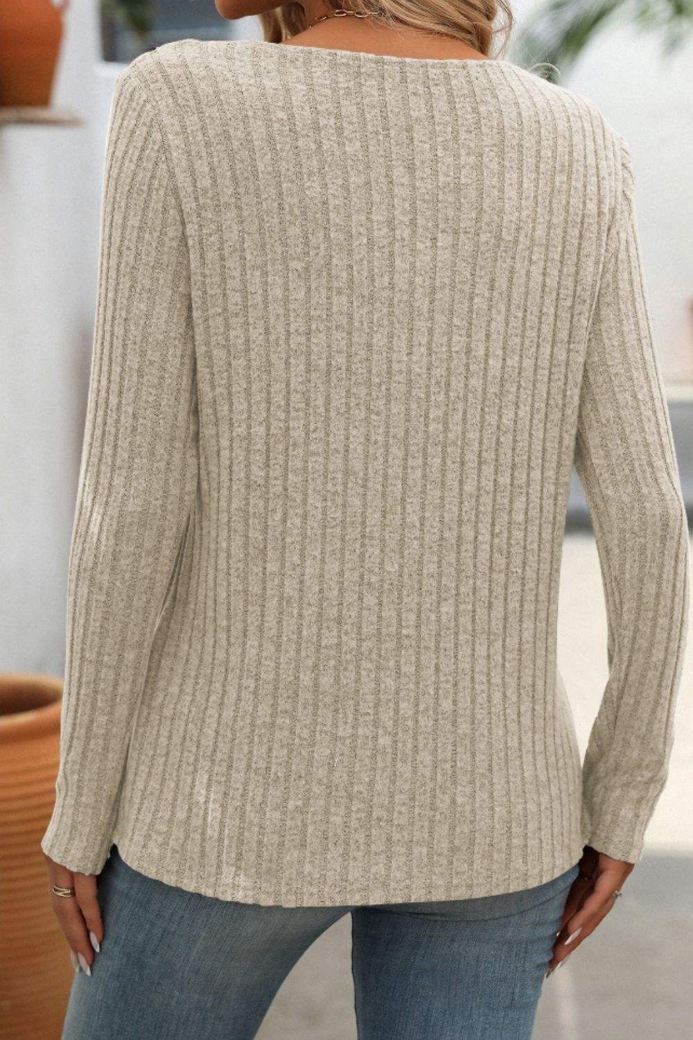 Ribbed V-Neck Long Sleeve T-Shirt - Trendsi - Flyclothing LLC
