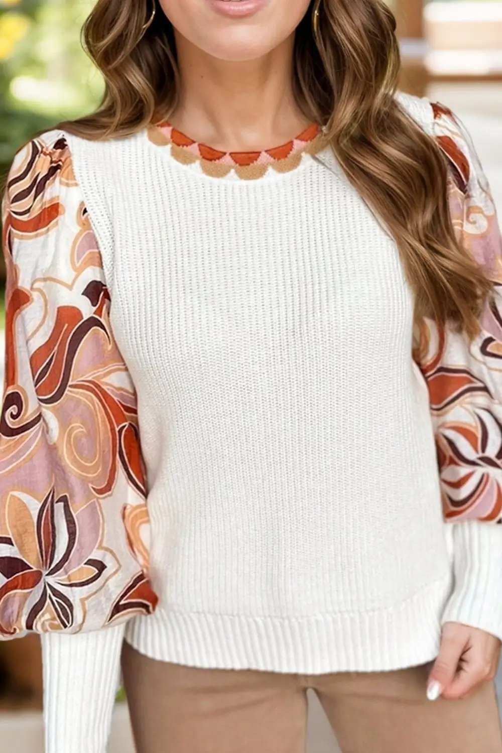 Round Neck Lantern Sleeve Knit Top - Trendsi - Flyclothing LLC
