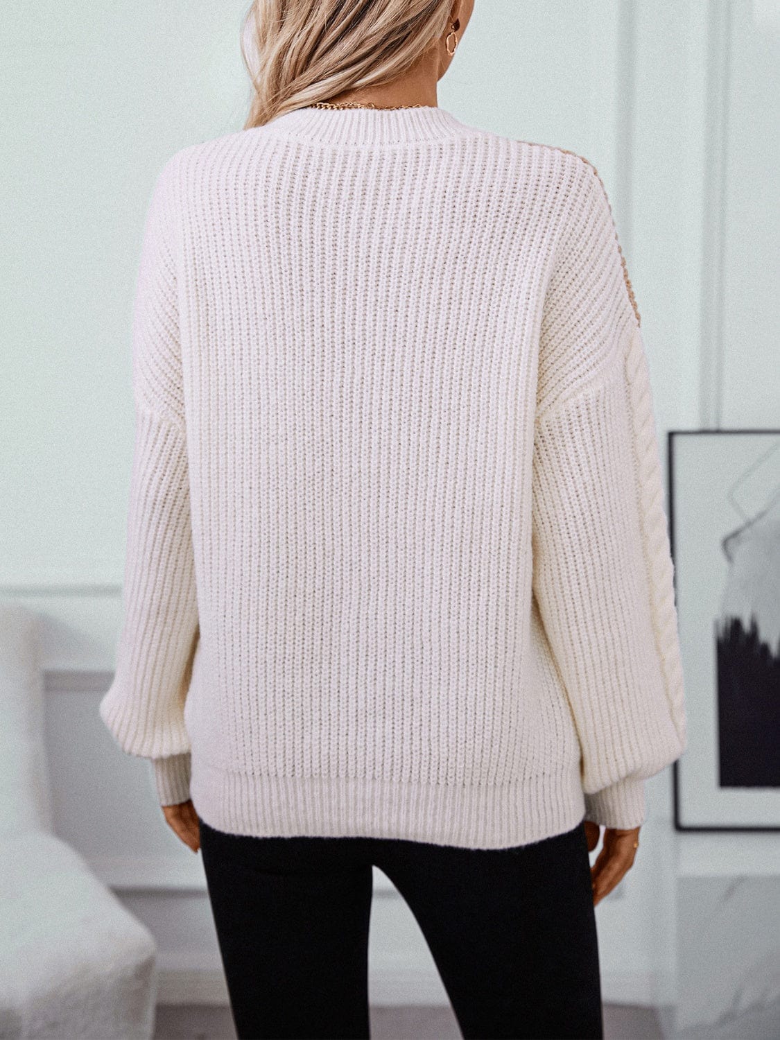 Contrast Round Neck Long Sleeve Sweater - Trendsi