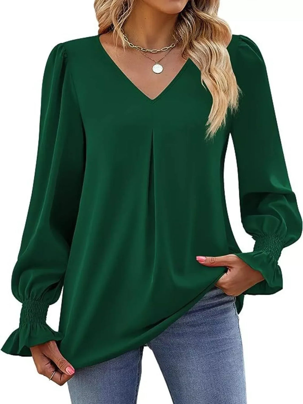 V-Neck Long Sleeve Ruffle Cuff Blouse - Trendsi - Flyclothing LLC