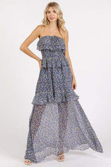Mittoshop Ruffled Smocked Floral Halter Neck Maxi Dress - Trendsi - Flyclothing LLC
