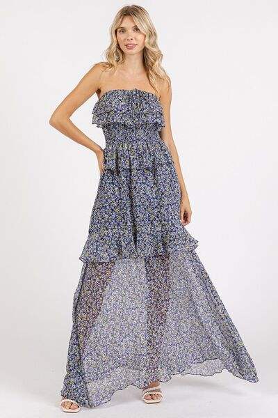 Mittoshop Ruffled Smocked Floral Halter Neck Maxi Dress - Trendsi - Flyclothing LLC