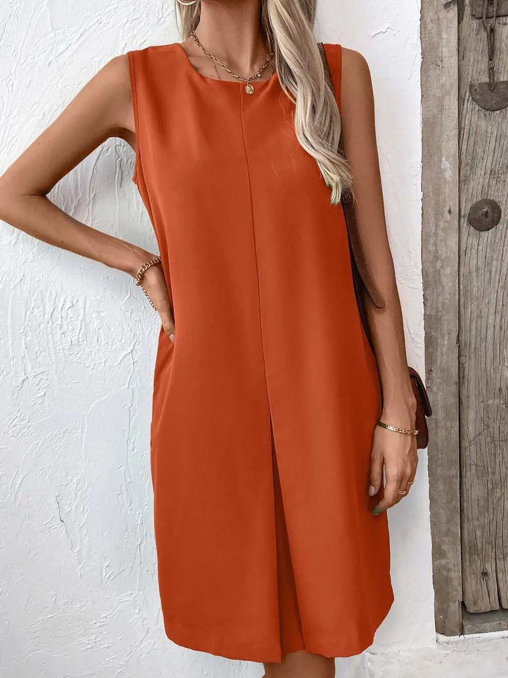 Pocketed Round Neck Sleeveless Mini Dress - Trendsi - Flyclothing LLC