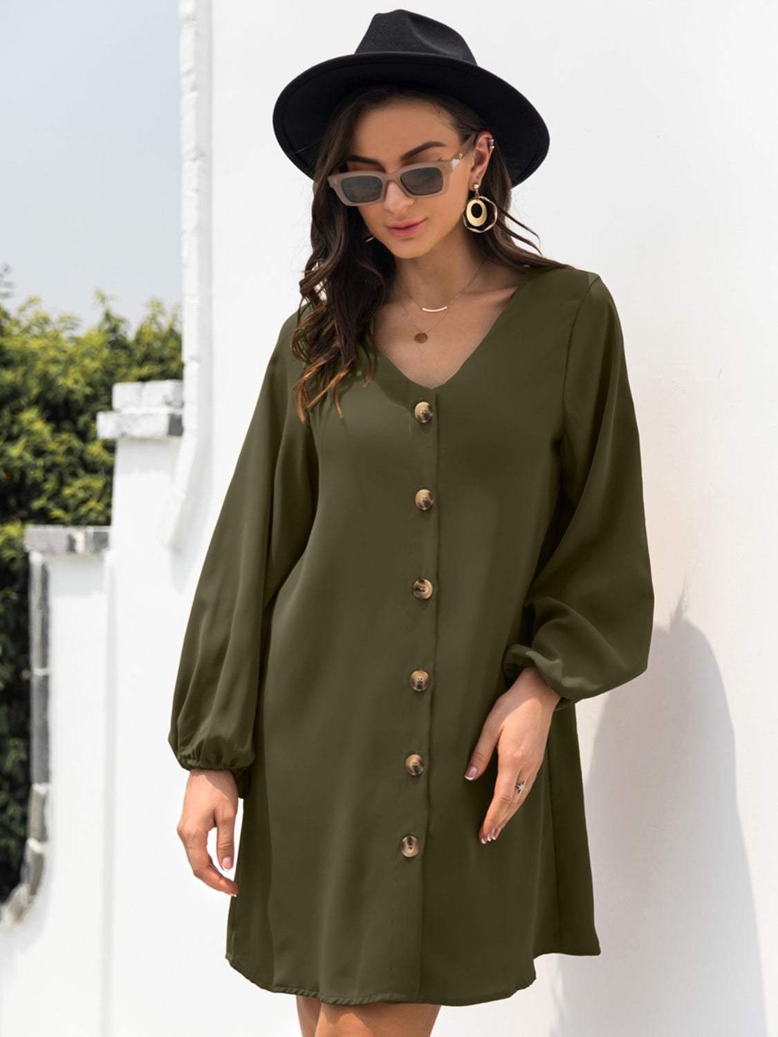 V-Neck Long Sleeve Mini Dress - Trendsi - Flyclothing LLC