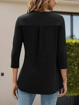 Notched Three-Quarter Sleeve T-Shirt - Trendsi - Flyclothing LLC