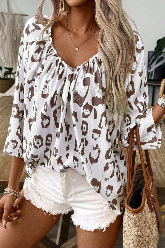 Leopard V-Neck Three-Quarter Sleeve Blouse - Trendsi - Flyclothing LLC