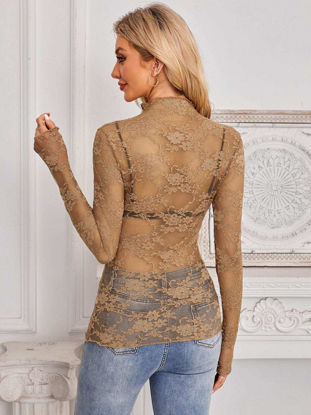 Mock Neck Long Sleeve Lace Sheer Top - Trendsi - Flyclothing LLC