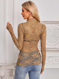 Mock Neck Long Sleeve Lace Sheer Top - Trendsi - Flyclothing LLC
