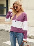 Contrast V-Neck Long Sleeve T-Shirt - Trendsi