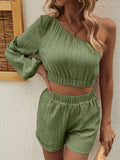 One Shoulder Long Sleeve Top and Shorts Set - Trendsi
