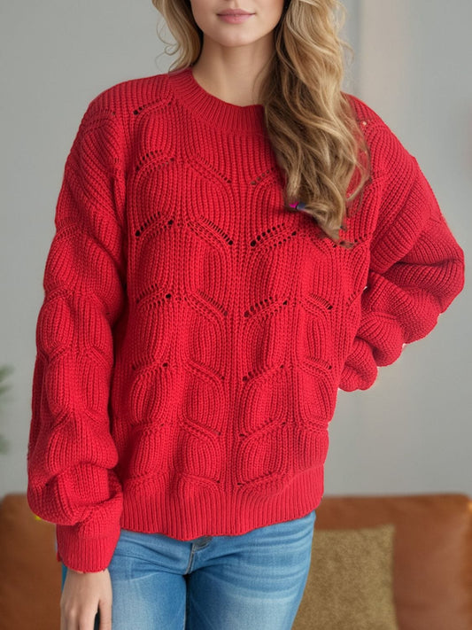 Openwork Round Neck Dropped Shoulder Sweater - Trendsi