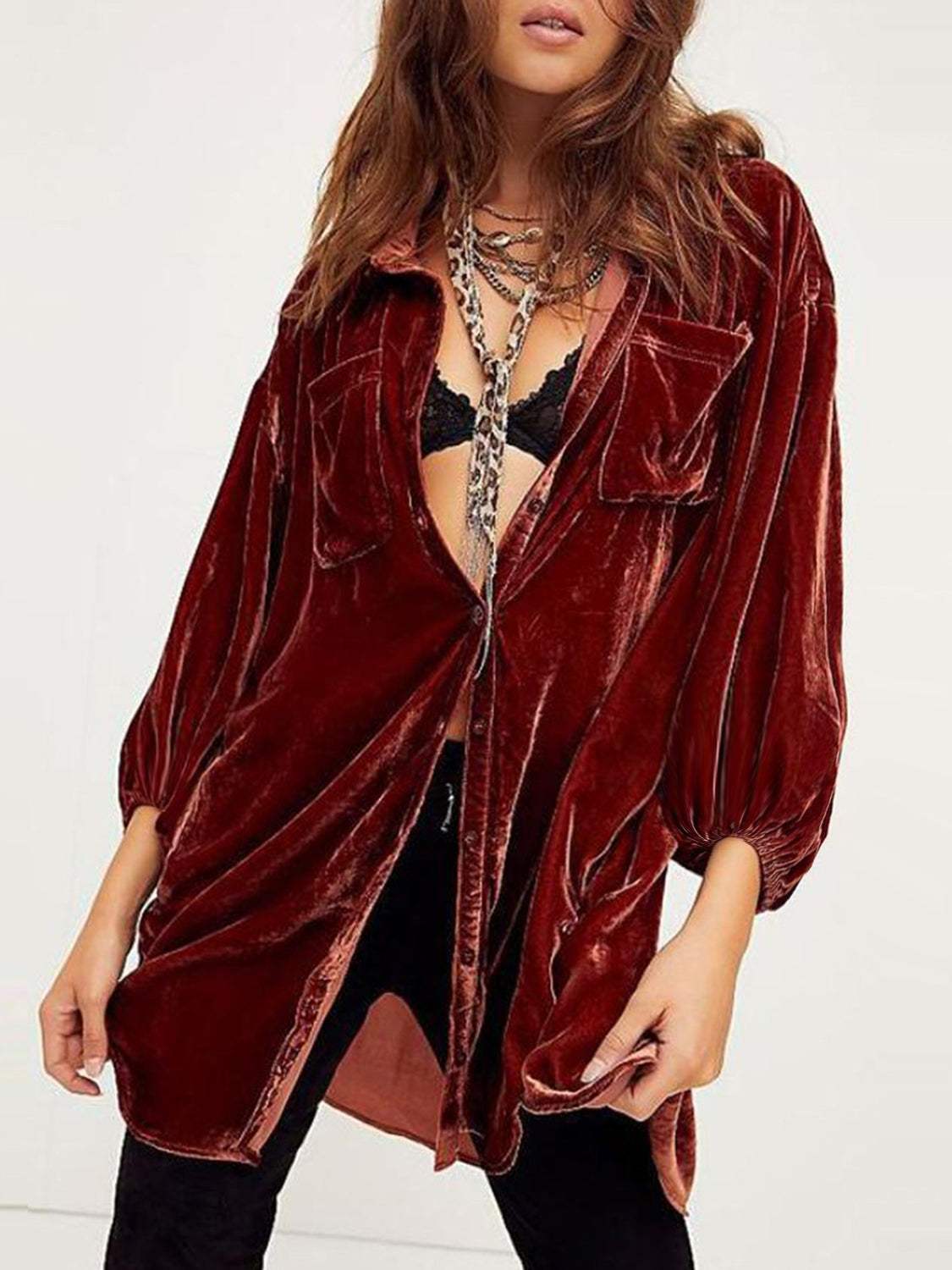 Collared Neck Button Down Long Sleeve Shirt - Trendsi - Flyclothing LLC