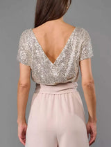 Full Size Sequin Round Neck Short Sleeve Wide Leg Jumpsuit - Trendsi - Flyclothing LLC