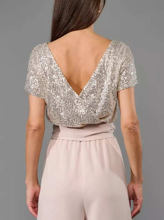 Full Size Sequin Round Neck Short Sleeve Wide Leg Jumpsuit - Trendsi - Flyclothing LLC