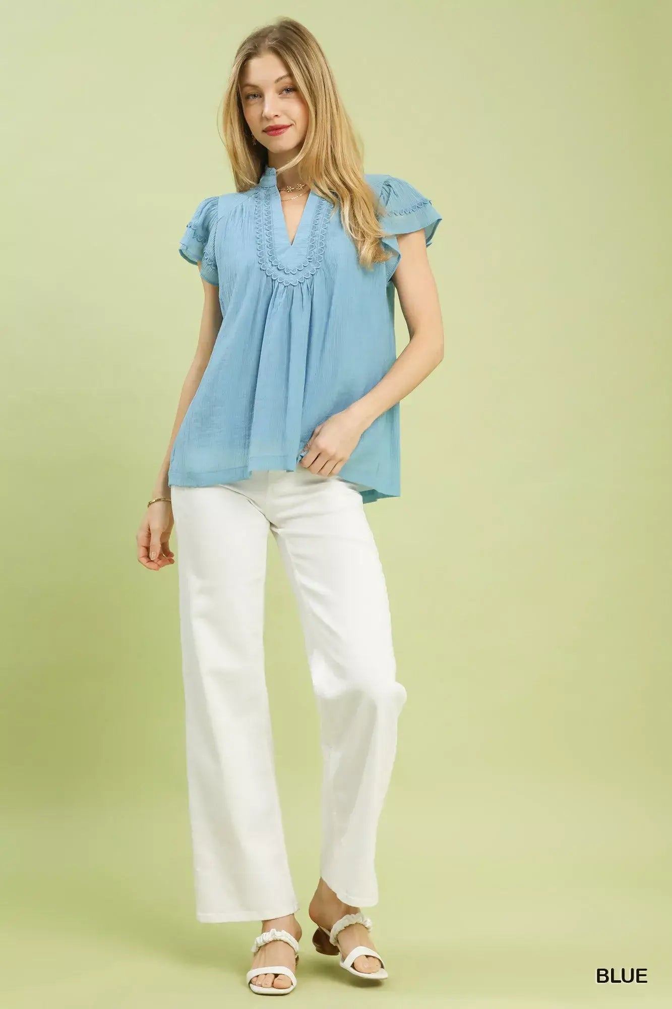 Umgee Scalloped Trim Flutter Sleeve Top - Trendsi - Flyclothing LLC