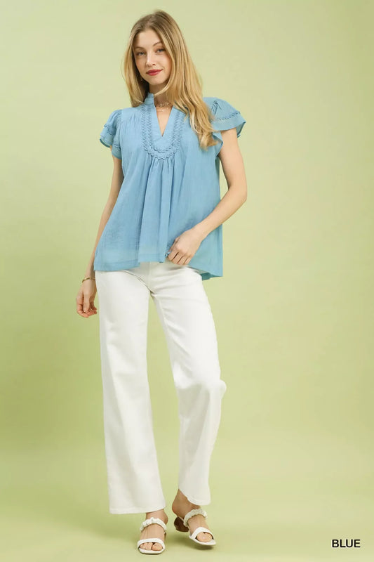 Umgee Scalloped Trim Flutter Sleeve Top - Trendsi - Flyclothing LLC