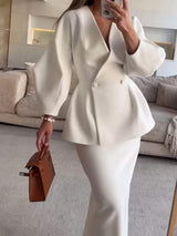 Double-Breasted Peplum Blazer and Skirt Set - Trendsi - Flyclothing LLC