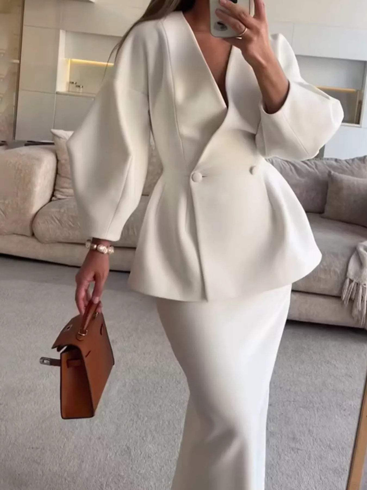 Double-Breasted Peplum Blazer and Skirt Set - Trendsi - Flyclothing LLC