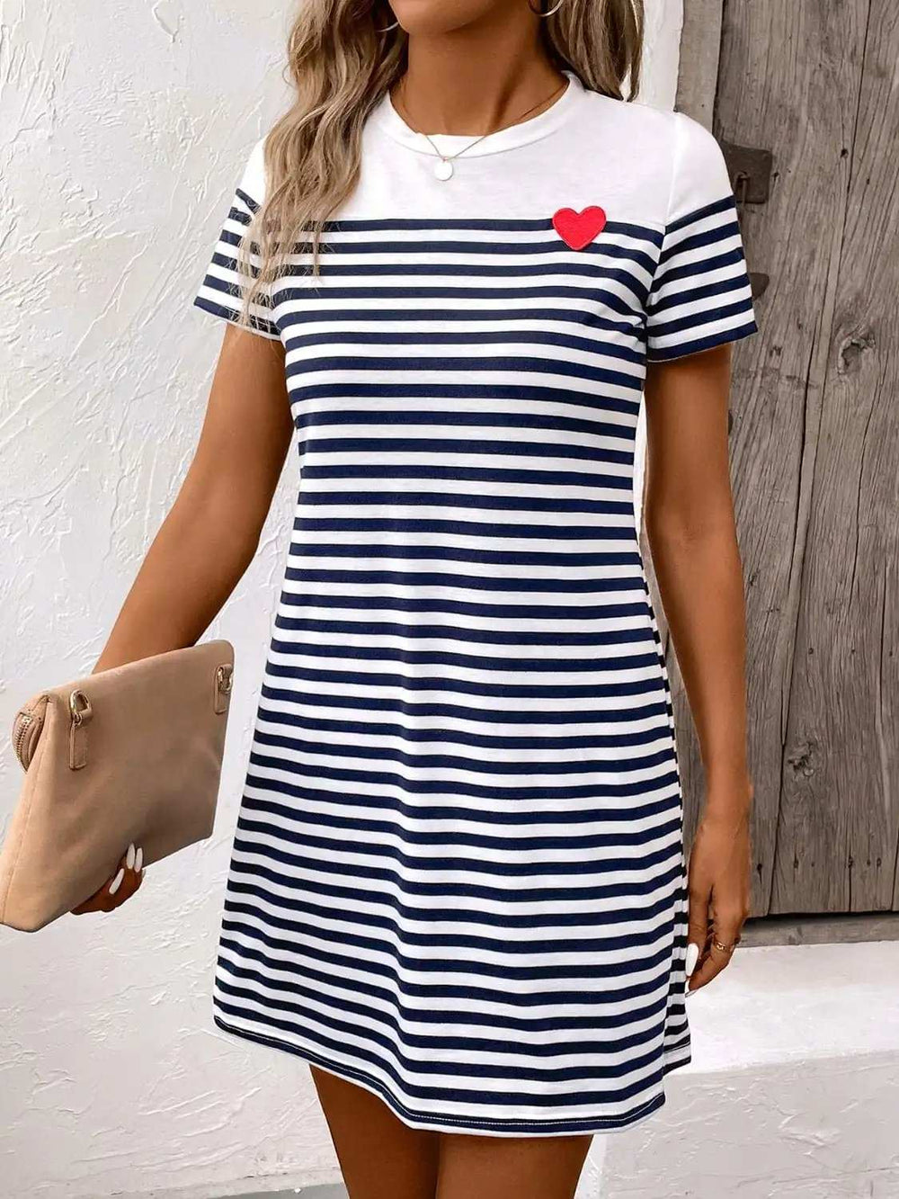 Striped Round Neck Short Sleeve Mini Dress - Trendsi - Flyclothing LLC