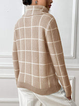 Plaid Turtleneck Long Sleeve Sweater - Trendsi - Flyclothing LLC