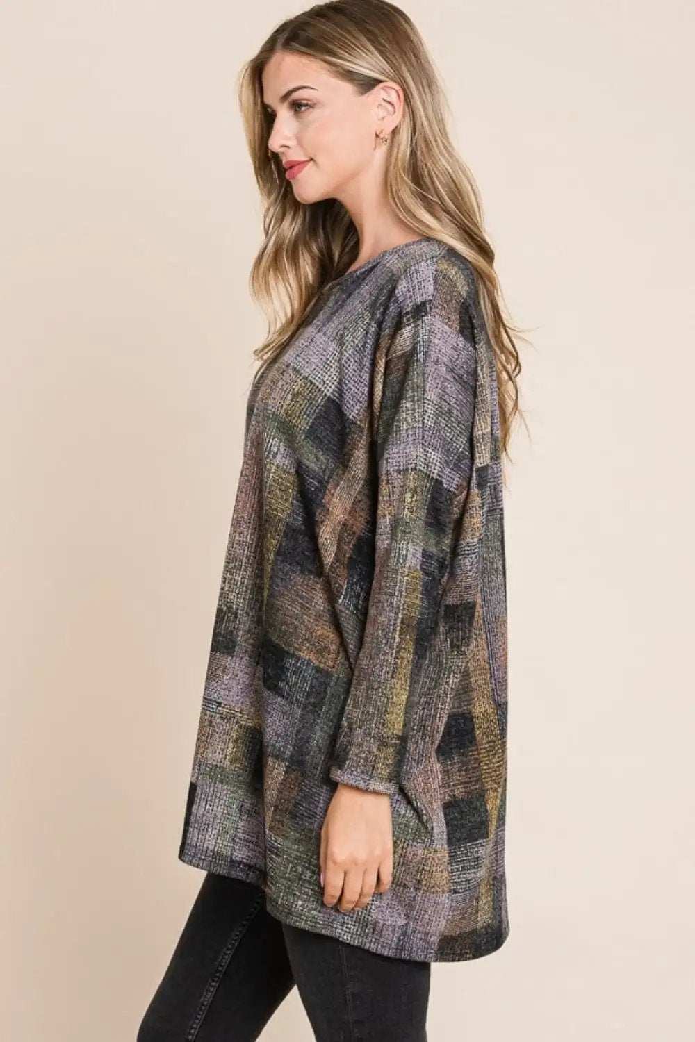 BOMBOM Plaid Round Neck Long Sleeve Top - Trendsi - Flyclothing LLC