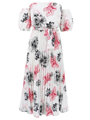 Pleated Floral Off-Shoulder Short Sleeve Midi Dress - Trendsi