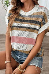 Stripe Color Block Eyelet Knit Short Sleeve Knit Top - Trendsi - Flyclothing LLC