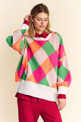 Davi & Dani Exposed Seam Color Block Dropped Shoulder Sweater - Trendsi - Flyclothing LLC
