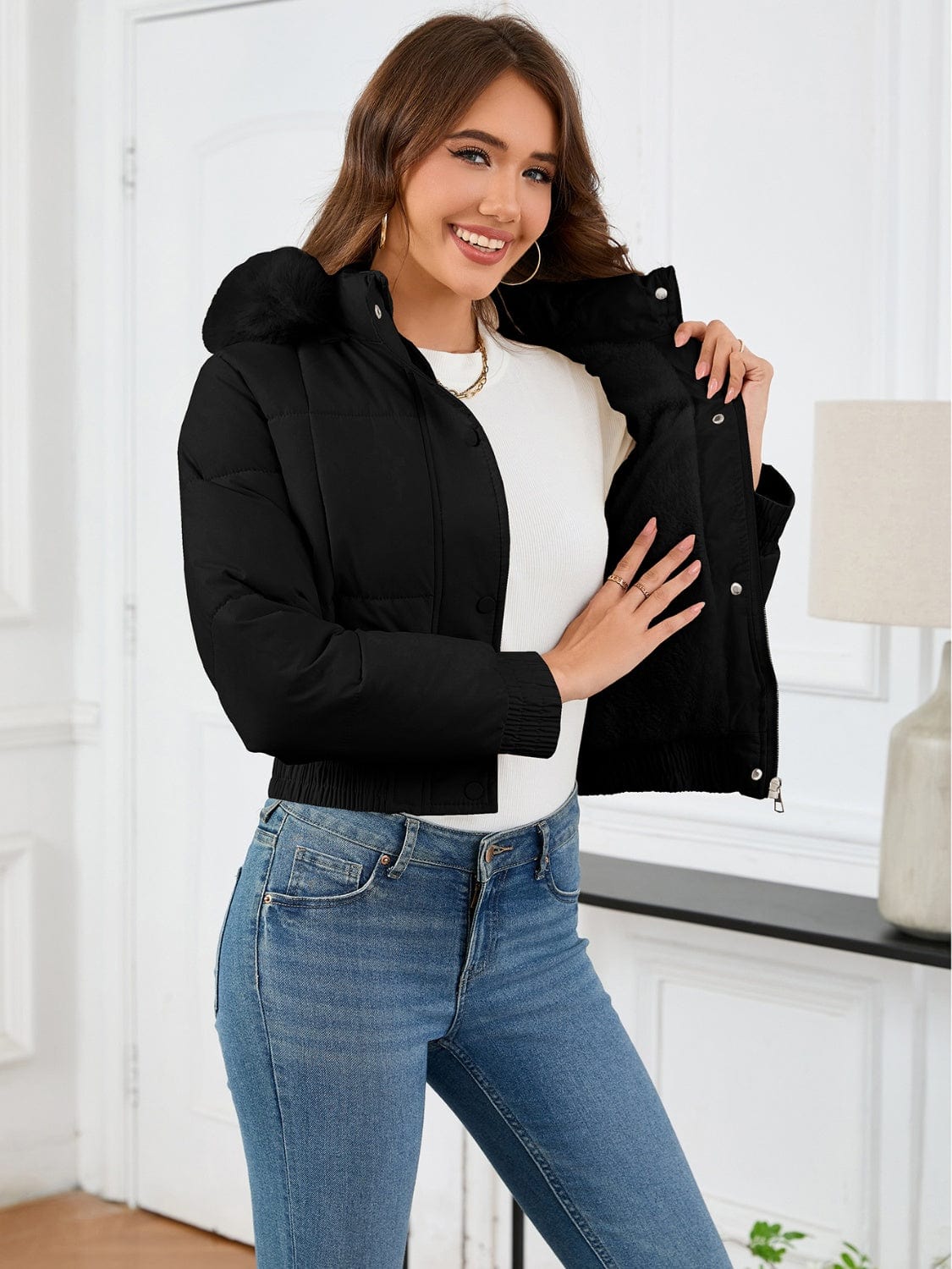 Pocketed Long Sleeve Cropped Hooded Winter Coat - Trendsi