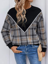 Perfee Plaid Round Neck Long Sleeve Sweatshirt - Trendsi - Flyclothing LLC