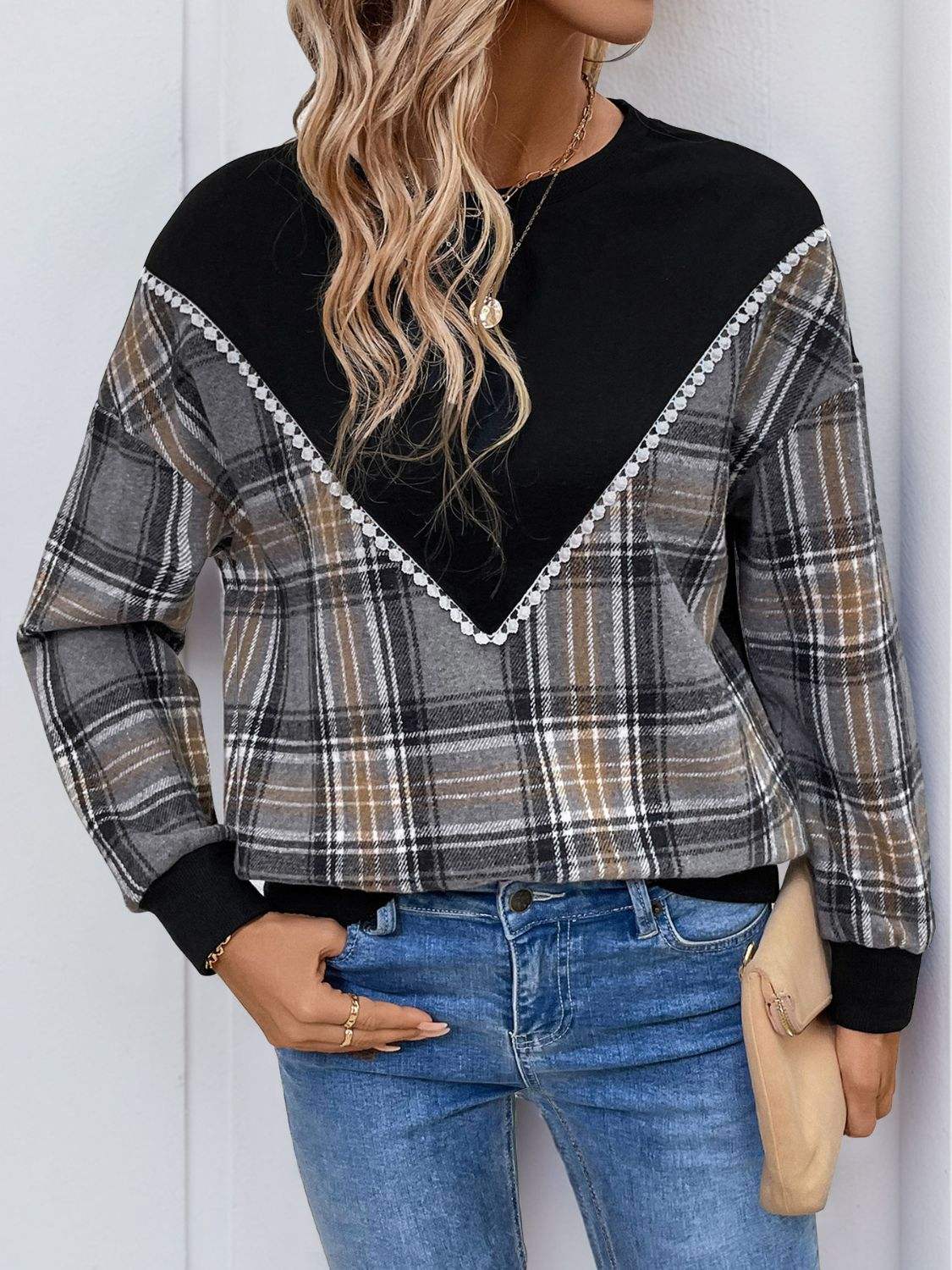 Perfee Plaid Round Neck Long Sleeve Sweatshirt - Trendsi - Flyclothing LLC