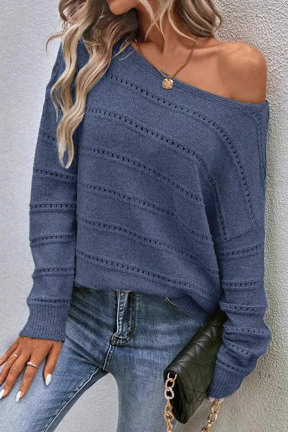 Boat Neck Dropped Shoulder Sweater - Trendsi - Flyclothing LLC