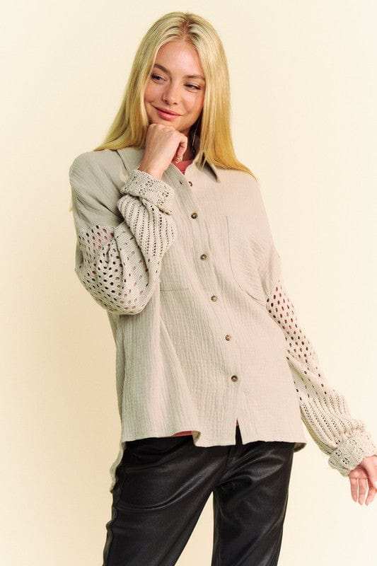 Davi & Dani Crochet Sleeve Crinkled Texture Shirt - Trendsi - Flyclothing LLC